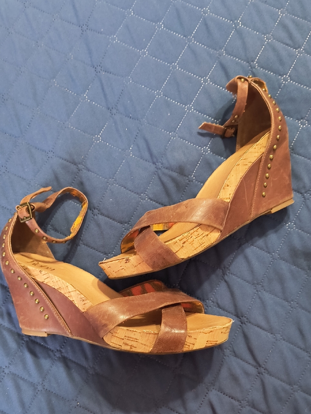 Reba Brown Cork Platform Wedge Sandals with Studded Ankle Strap